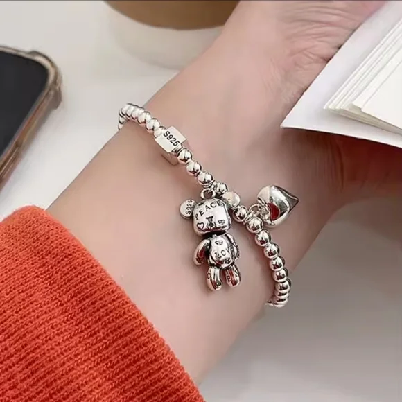 Silver Beaded Charm Bracelet with Teddy and Heart Charms - Picture 5 of 5